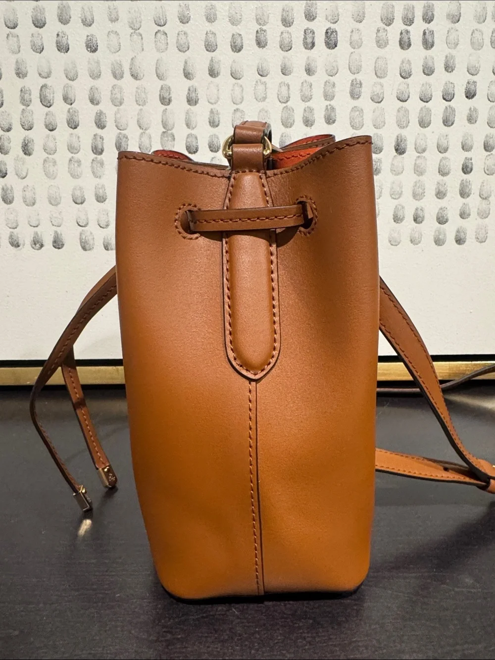 Ralph Lauren Brown Leather Drawstring Crossbody Bucket Bag
